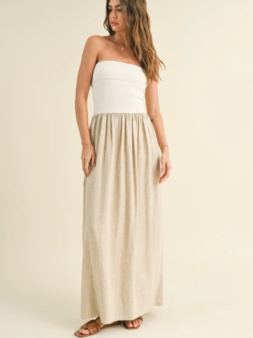 Miou Muse Strapless Maxi Dress in Ivory and Beige